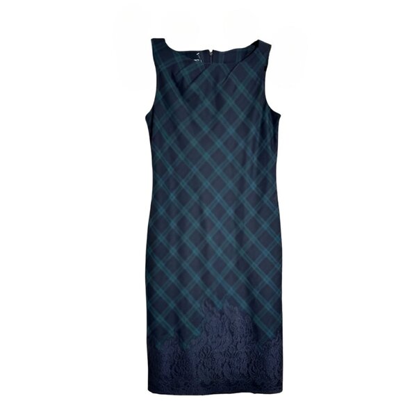 Talbots Hunter Green Navy Blue Glen Plaid & Lace Gabardine Wool Sheath Dress 8 M - Picture 5 of 6